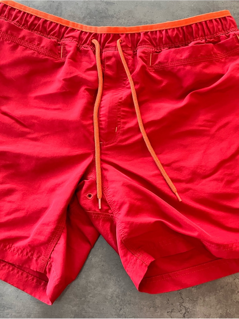 Duluth Trading Co Red Swim Trunks with Orange Drawcord